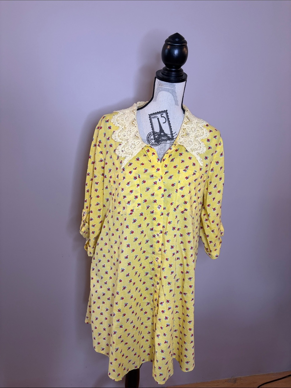 April Cornell Yellow Floral Lace-Collar High-Low Tunic